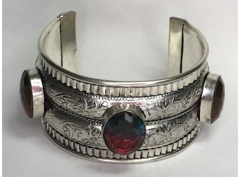 Wonderful Wide Sterling Silver / 925 Cuff Bracelet With Bicolor Gemstones - Very Nice Piece With Vintage Look