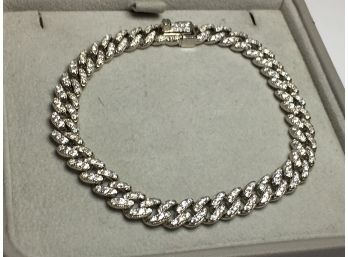 Nice Unisex 925 / Sterling Silver Cuban Link Bracelet With Sparkling Pave White Zircons - Expensive Look !
