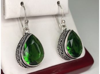 Fabulous Large Sterling Silver / 925 Teardrop Earrings With Green Tsavorite And Lovely Filigree Work