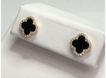 Lovely Van Cleef STYLE Alhambra Earrings - 14K Yellow Gold / 925 Over Sterling Silver With White Sapphires