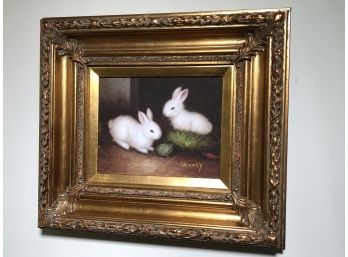 (1 Of 2) Adorable Vintage Style Oil On Canvas Of Bunny Rabbits - Beautiful Gold Gilt Frame - Signed Woody