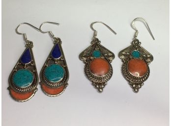 Two Pairs Of Lovely 925 / Sterling - Lapis Lazuli - Coral & Turquoise Earrings - ALL HAND MADE IN BALI - WOW !