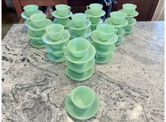 Large Group Of Fire-king Jadeite Teacups & Saucers Jane Ray Pattern 32 Sets