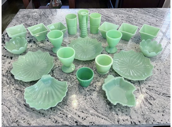 Fantastic Group Of Jadeite Cups, Plates And Containers 22 Pcs