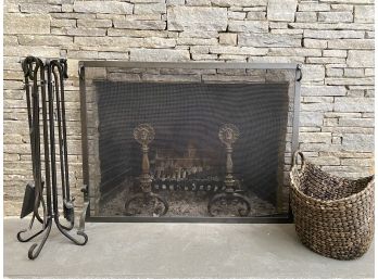 Wrought Iron Fireplace Set - Flat Panel Screen, Tools &  Basket (ONLY Adirons And Crate NOT Included)