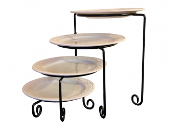 Set Of 4 Decorative White Ceramic Plates With Tiered Black Iron Nesting Display Stand