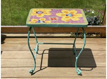 Funky Retro Twisted Iron Table With Floral Mosaic Tile Inlay