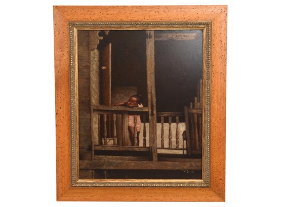 Signed K. Jamal Oil On Canvas Painting Depicting A Child Leaning On A Banister (RETAIL $720)