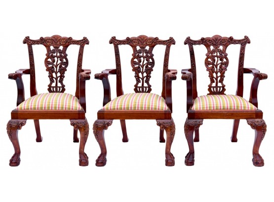 Set Of Three Young Child's Chippendale Style Carved Wood Arm Chairs With Ball And Claw Feet