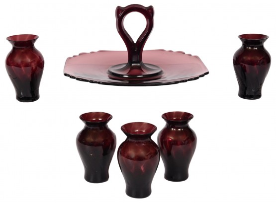 Vintage Amethyst Depression Era Diamond Glass Server And Set Of Five Gardners Eden Amethyst Glass Posy Vases