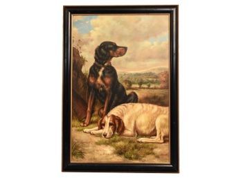 Framed Oil On Canvas Painting Depicting Two Dogs In A Lush Garden Setting
