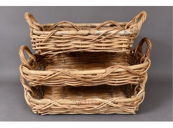 Three Large Woven Baskets With Handles