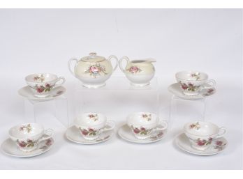 Set Of Six Japanese Floral Tea Cups And Saucers, FNC Narami Sugar Bowl And Creamer