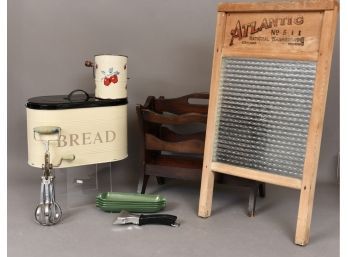 Collection Of Vintage Items - Wooden Magazine Holder, Atlantic Washboard, Bromwells Measuring Sifter And More