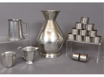 Collection Of Pewter - 1 Gallon Jug, Set Of 12 Pewter Hammered Napkin Ring Holders And More