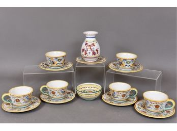 Collection Of Signed Deruta Hand Painted Italian Earthenware Pottery Mugs, Saucers And More