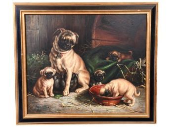 Framed Oil On Canvas Painting Of A Pug Mama Dog And Her Pug Puppies