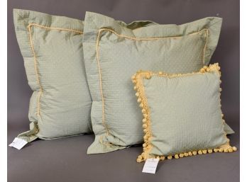 NEW! Pair Of Large Soft Green Embroidered Pillows With Matching Tasseled Pillow (RETAIL $405)