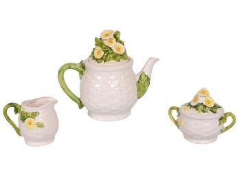 Vintage 1960s Lefton Basketweave Daisy Teapot, Creamer And Covered Sugar Bowl
