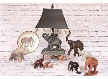 Collection Of Ten Elephant Figurines And Elephant Table Lamp