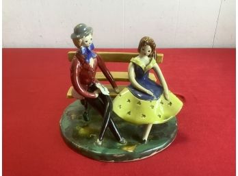 Ceramic Figure Of A Man And Women Sitting On A Bench Made In France