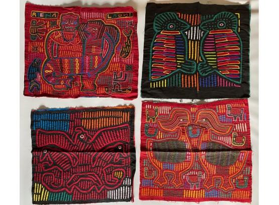 4 Vintage Cuna Indian Molas Reverse Applique Tapestries, Bought In Panama In The 1970s