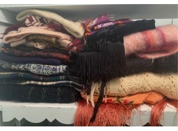 14 Winter Scarves, Some WIth Matching Hats & Large Fringed Shawl
