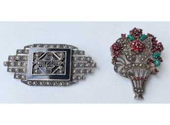 2 Vintage Sterling Silver Marcasite Pins Brooches Marked 925 Jewelry