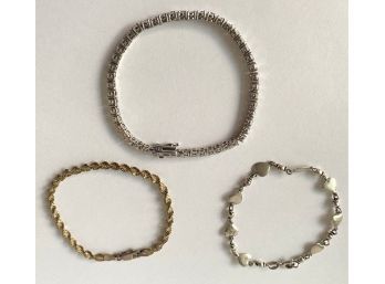 3 Sterling Silver Bracelets: Twist From Italy, Rhinestone & Hearts
