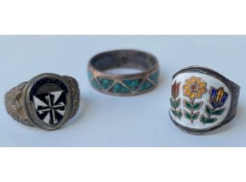 Vintage Flower Ring Marked Siam Sterling, 1964 Class Ring Marked 925 & Turquoise Inlay Ring Jewelry