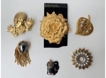 5 Vintage Gold Tone Brooches Including New Monet & Elephant Pendant Jewelry