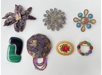 7 Vintage Brooches Pins: Natural Stone, Embroidered & More Jewelry