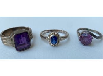 3 Sterling Silver Rings With Semi Precious Stones Marked 925