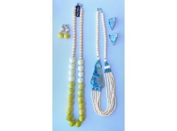 2 Vintage Beaded Necklaces With Matching Clip-On Earrings, One New From Birch Hill