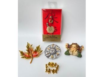 New Jade Lucky Charm & 3 Pins: Angel, Leaf & Vintage CTPM Ring Around The Rosie Jewelry