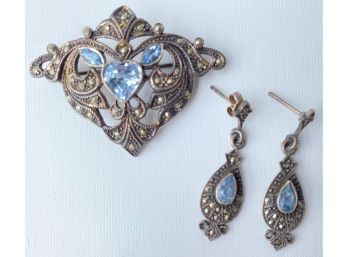 Vintage Sterling Silver Marcasite Brooch Pin & Dangling Earrings, Marked 925 Jewelry