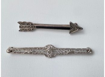 Vintage 14 Karat White Gold Filigree Bar Pin &  Sterling Silver Marcasite Arrow Hat Pin Marked 925 Jewelry