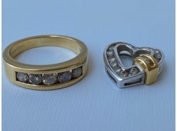 14 Karat Gold Ring With Diamond Chips & 14 Karat Heart Pendant
