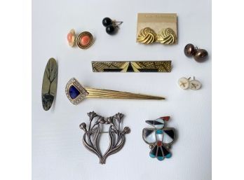 5 Pairs Stud Earrings  & 5 Brooches Pins, Tree Pin By Michal
