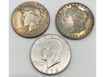 3 Silver Dollars: 1900 Morgan, 1923 Peace & 1972 Eisenhower