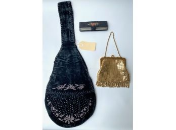 Vintage Gold Mesh Handbag By Whiting Davis, Beaded Shoulder Bag & Vintage Comb In Embroidered Case