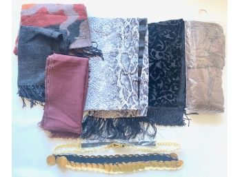 5 Scarves, 2 New Belts & Bag Of New Nylon Socks