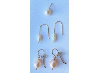 2 Pairs Genuine Pearl Dangling Earrings & 1 Single Pearl Stud Earring Jewelry