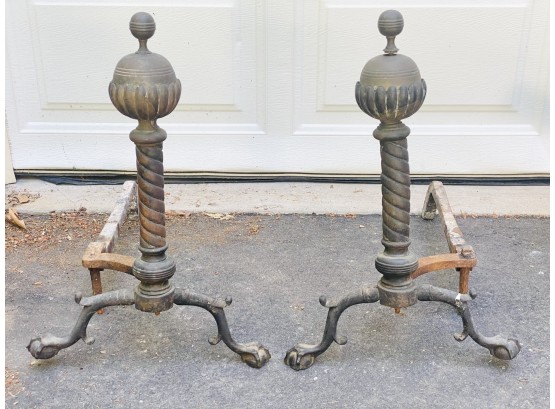 Antique Victorian Cannonball Brass  Fireplace Andirons (1)