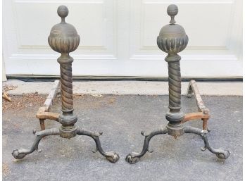 Antique Victorian Cannonball Brass  Fireplace Andirons (1)