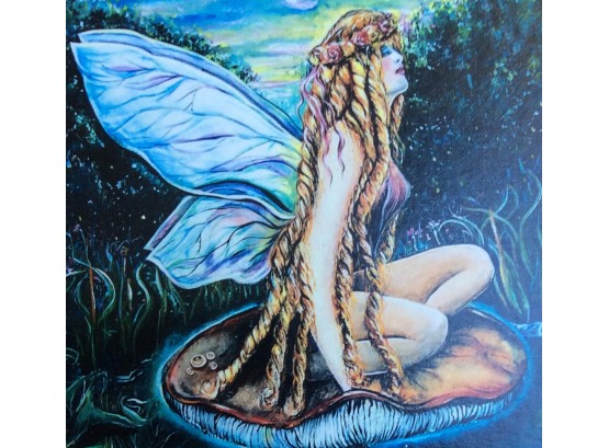 FANTASY ART PRINT: Signed By Artist, Fairy On Mushroom, Night Sky, 11' X 14'