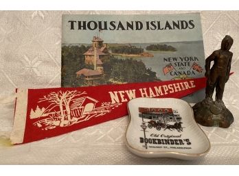 Junk Drawer Lot 2 Vintage Souvenir Thousand Islands Booklet, NH Pennant, Bookbinders Philadelphia, Plymouth MA