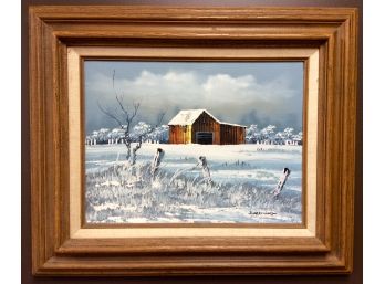 OIL PAINTING BY EVERETT WOODSON: Country Barn In Winter, After A Snowstorm, Framed