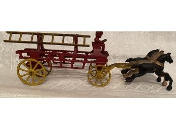Vintage Antique Iron Toy 3 Horse Drawn Hook & Ladder Fire Wagon Red Yellow Unmarked