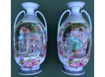 PAIR OF 13.5' AUSTRIAN VASES FOR FIREPLACE MANTLE: Antique Decorated With Roses, Cupid Cherub, Lovers & Ladies